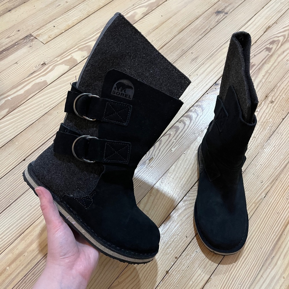 Sorel Winter Boots Girl Size 1 Black Suede Felt Double Buckle comfort NY1846-010